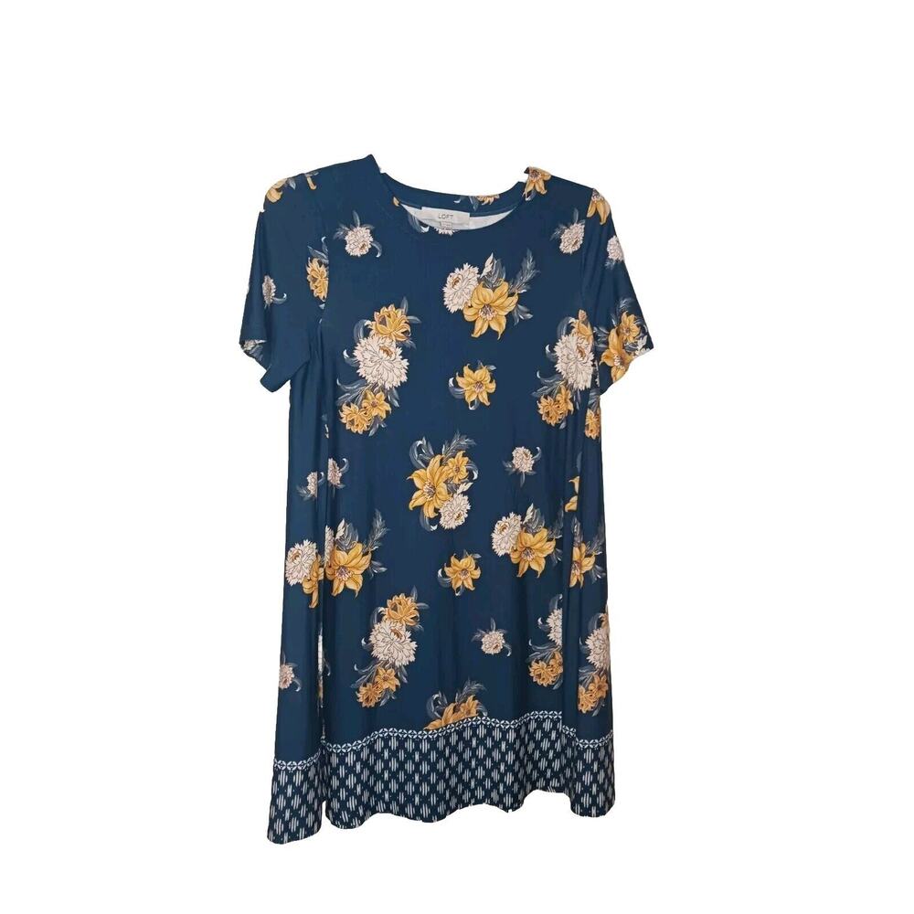 NWT Women’s Navy Blue‎ & Yellow Floral LOFT Shift Dress Knit Stretch Sz MEDIUM